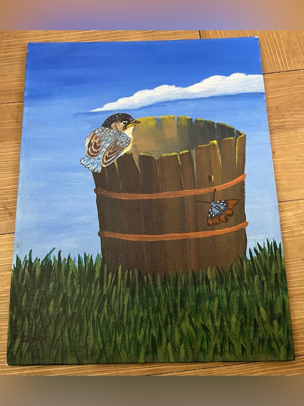 Original Oil Painting on Board Bird & Butterfly on Wooden Barrel Landscape 11x14